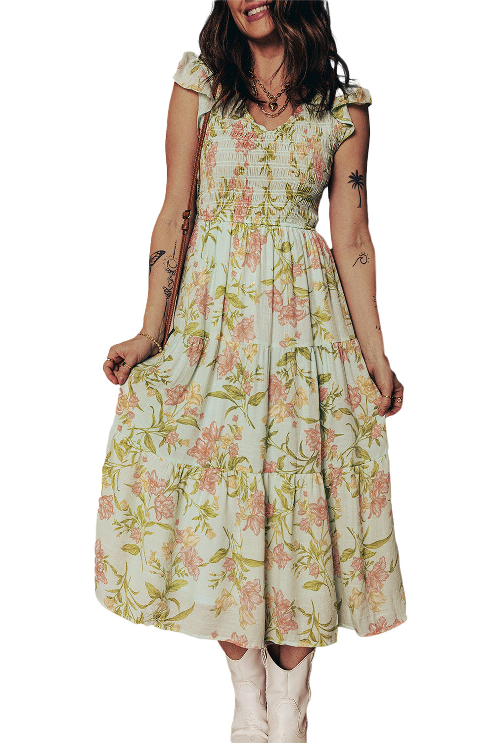 Yellow Smocked Bodice Ruffled Sleeveless Tiered Floral Maxi Dress