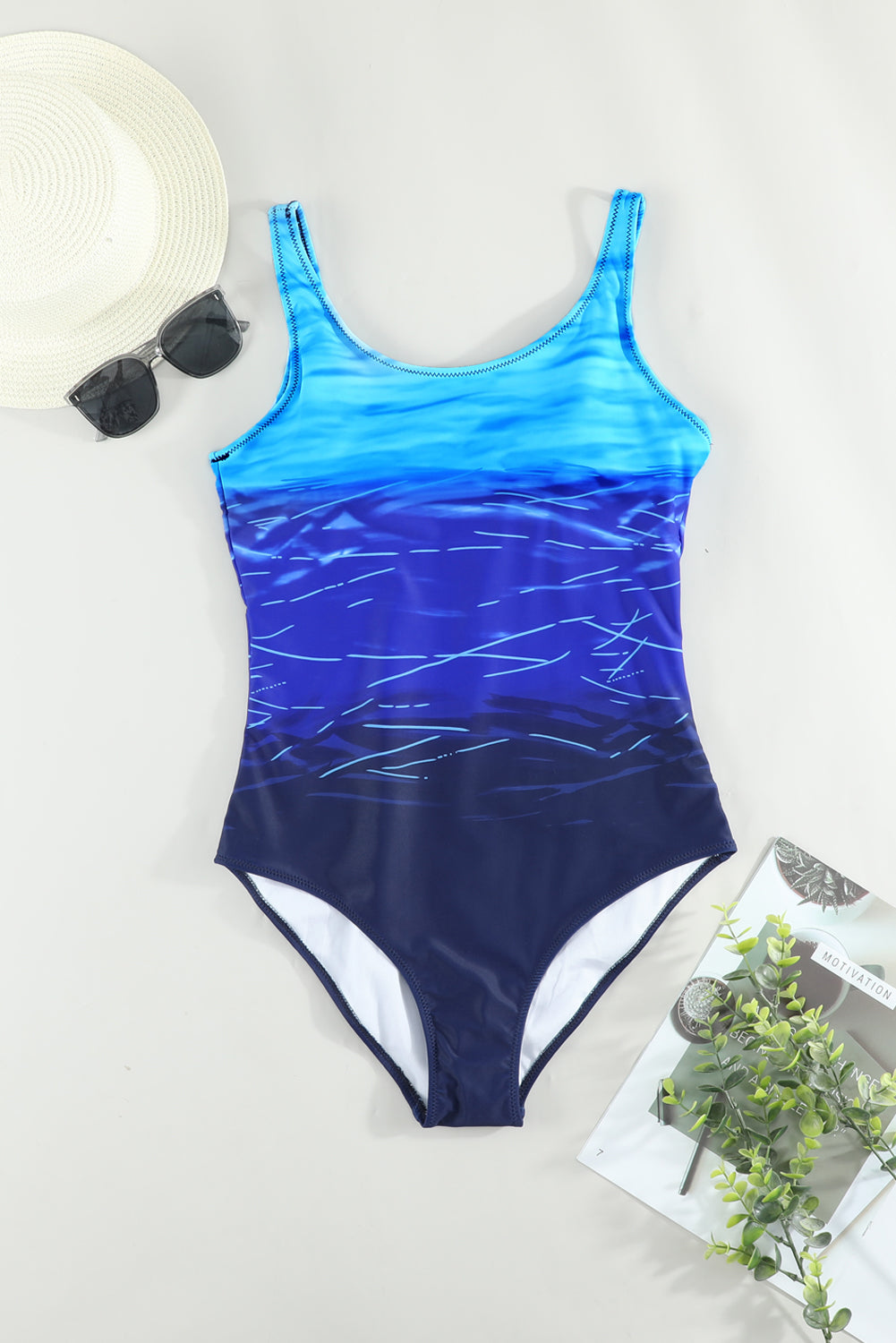 Blue Gradient Criss Cross Back One Piece Swimsuit