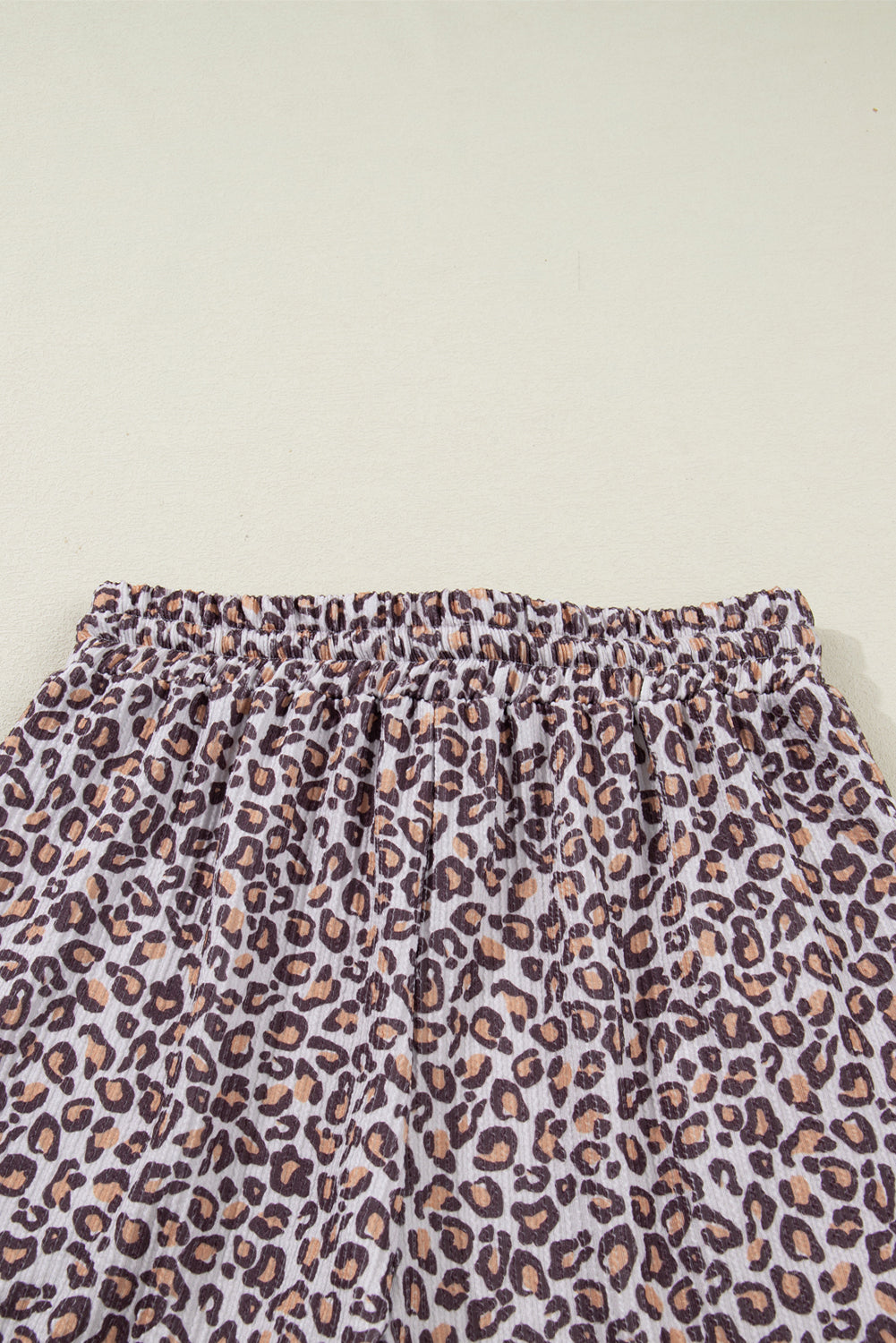 Khaki Leopard Ribbed Long Sleeve Top Drawstring Shorts 2pcs Outfit