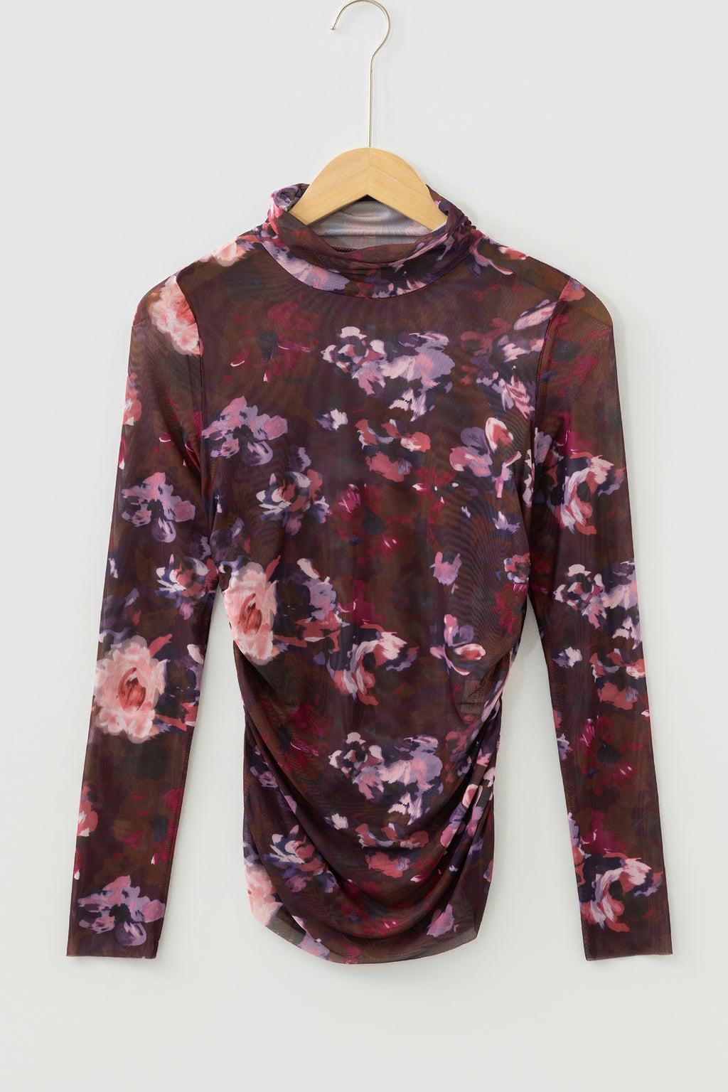 Brown High Neck Ruched Floral Mesh Top