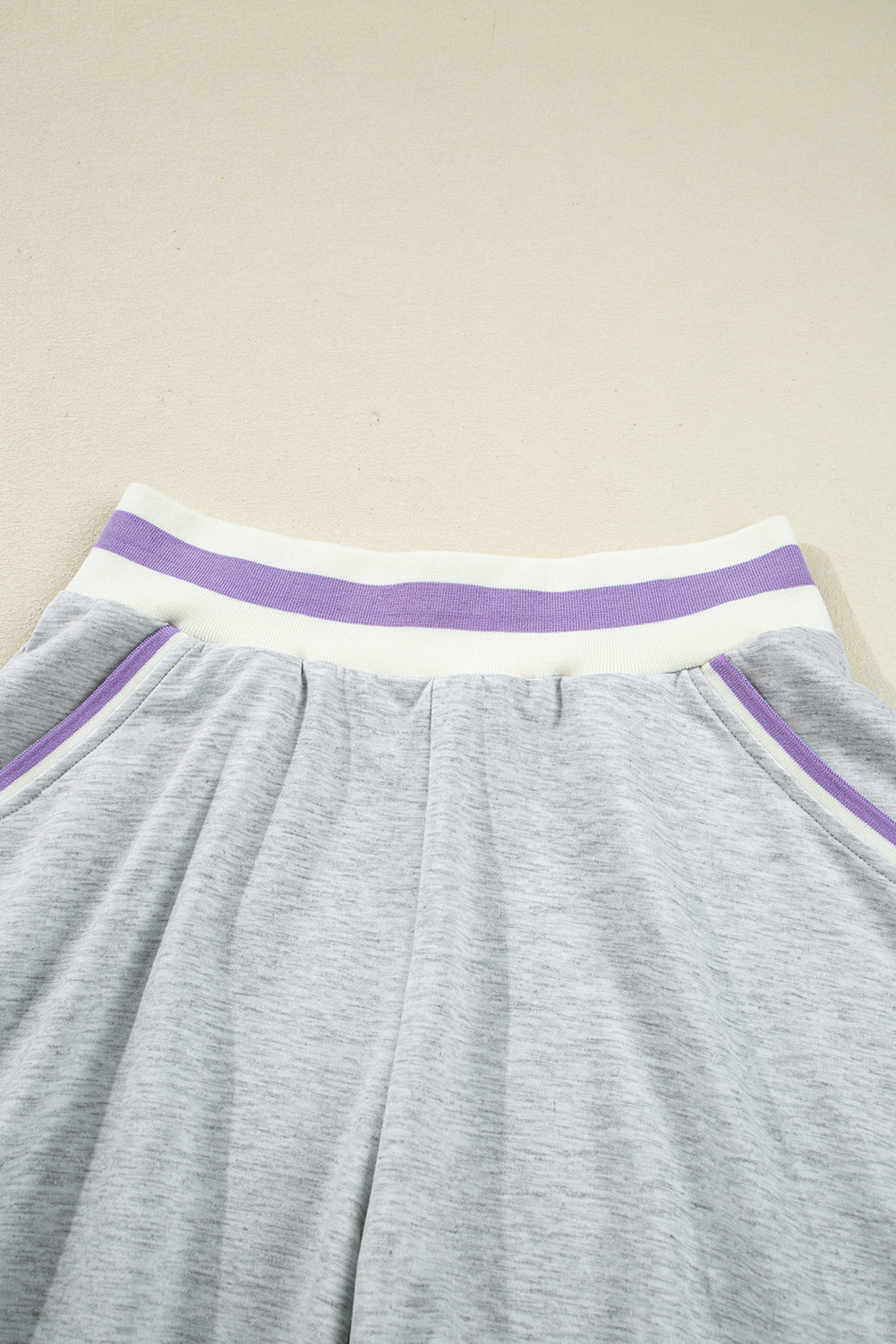 Light Grey Contrast Striped Bands Cropped Pullover and Athletic Short Set