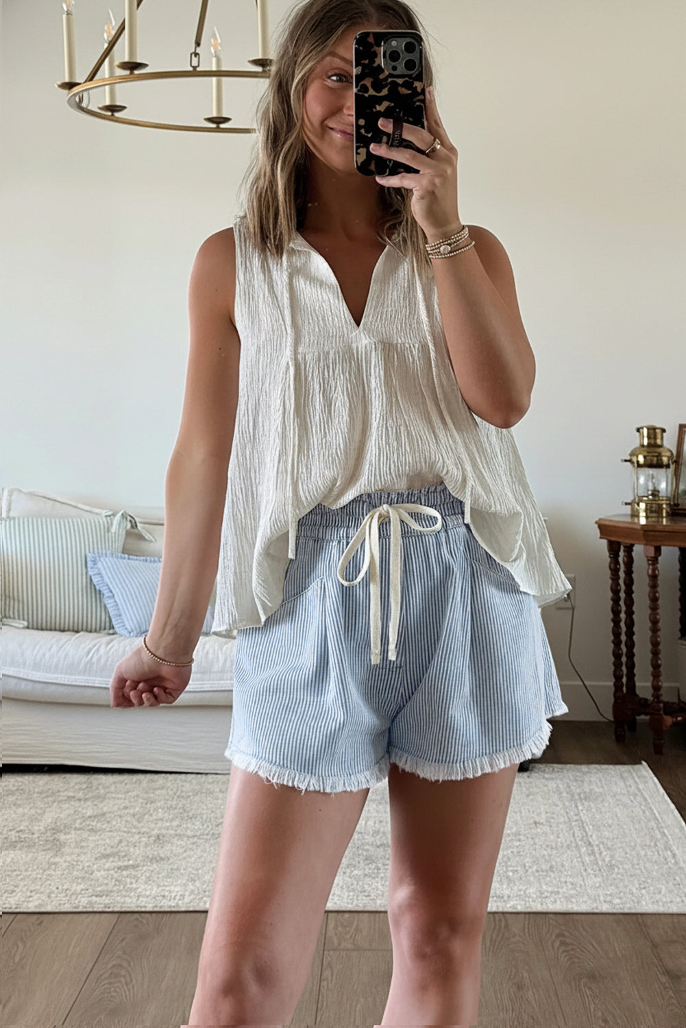 Sky Blue Stripe Raw Edge Drawstring Elastic Waist Casual Denim Shorts
