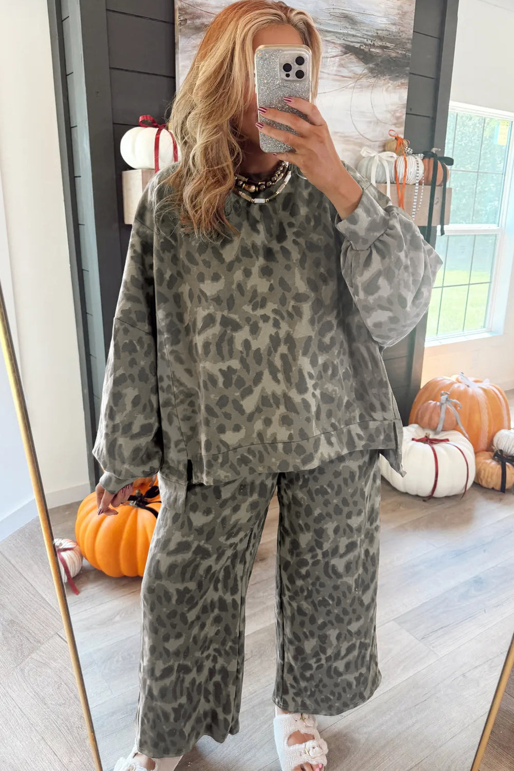 Gray Leopard Print Raw Seam Patchwork Pullover Drawstring Loose Pant Set
