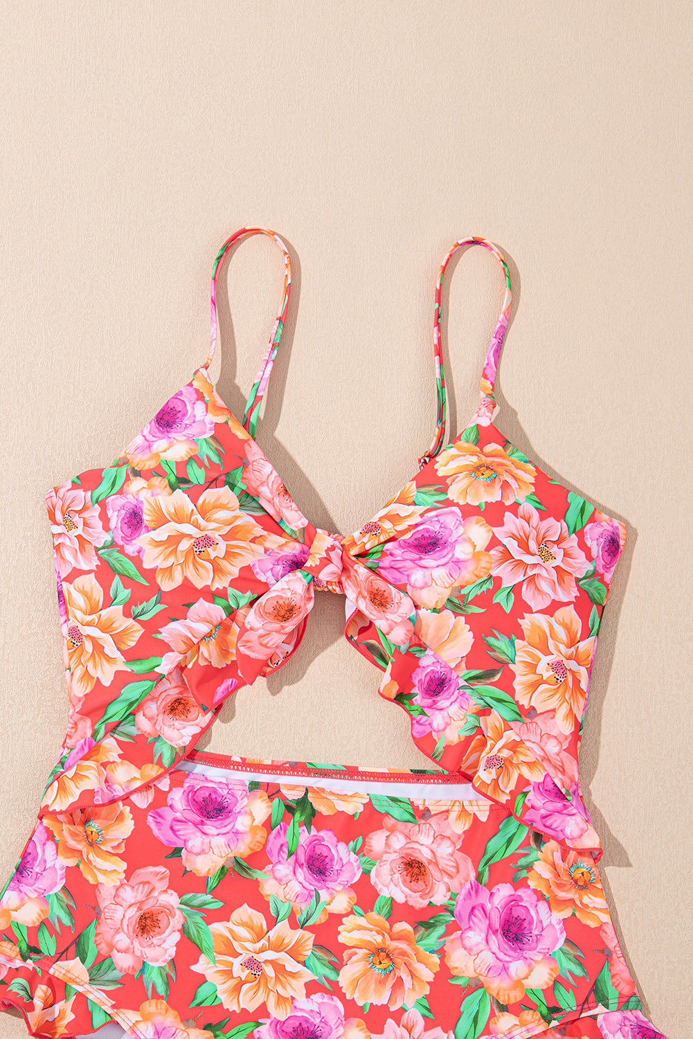 Red Floral Ruffle Trim Cutout Knotted One Piece Swimsuit