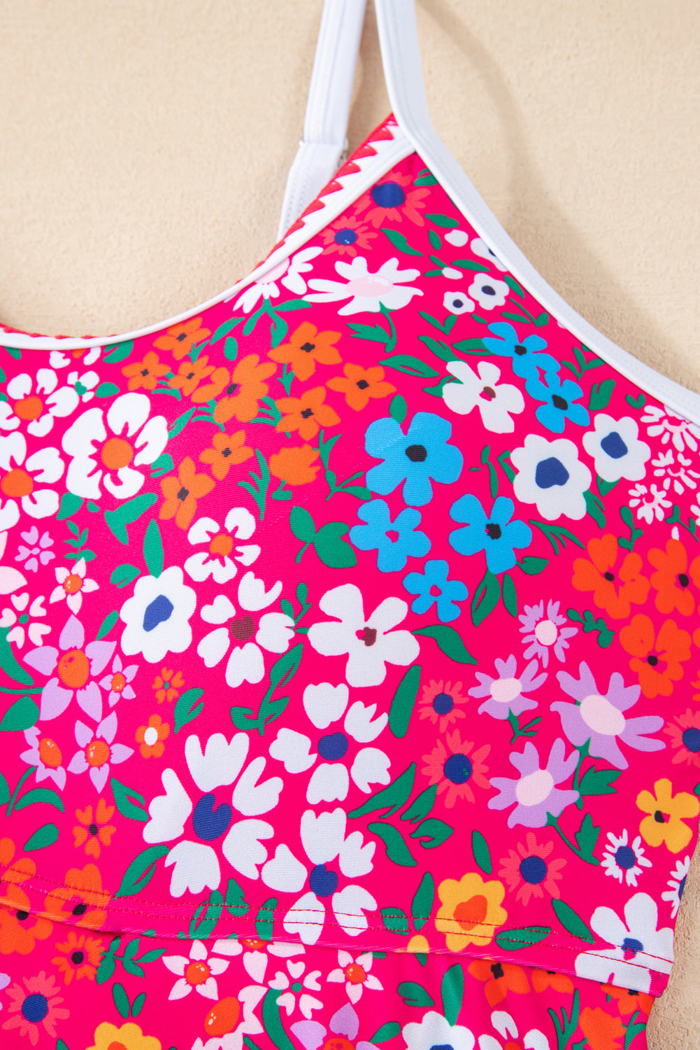 Rose Floral Print Ricrac Trim Spaghetti Strap One Piece Swim Dress