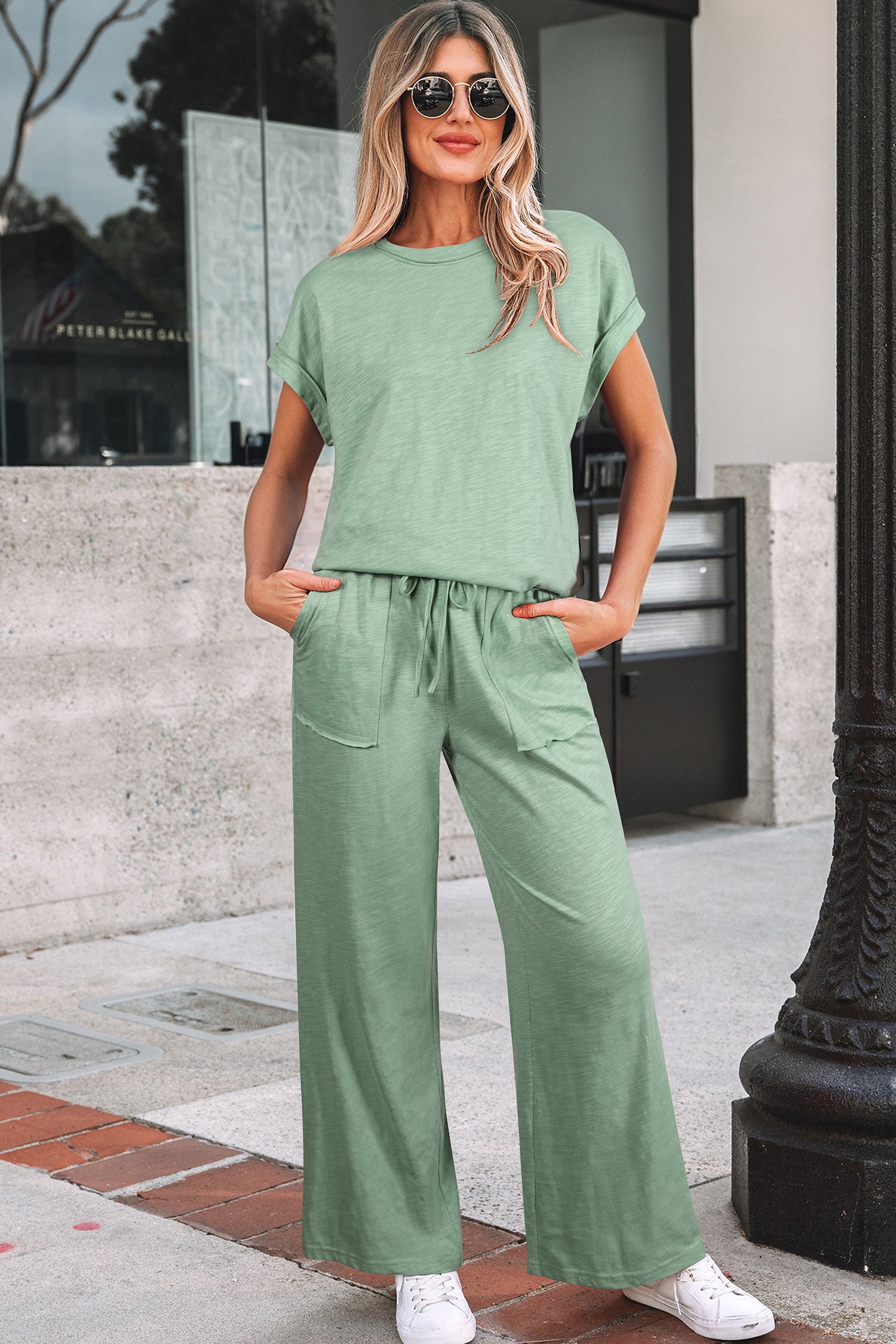 Canton Cuffed Short Sleeve Tee Raw Seam Patch Pocket Drawstring Pants Set