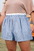 Sky Blue Contrast Trim Plaid Print Plus Size Shorts