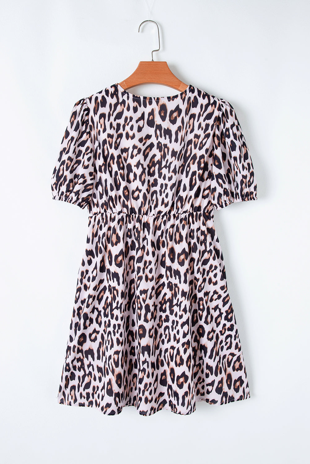 Brown Leopard Tied Front Keyhole Puff Short Sleeve Mini Dress