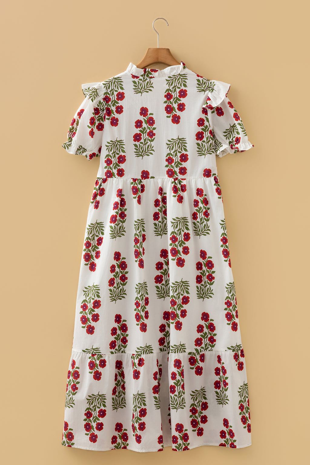 Beige Floral Short Bubble Sleeve Tiered Maxi Dress