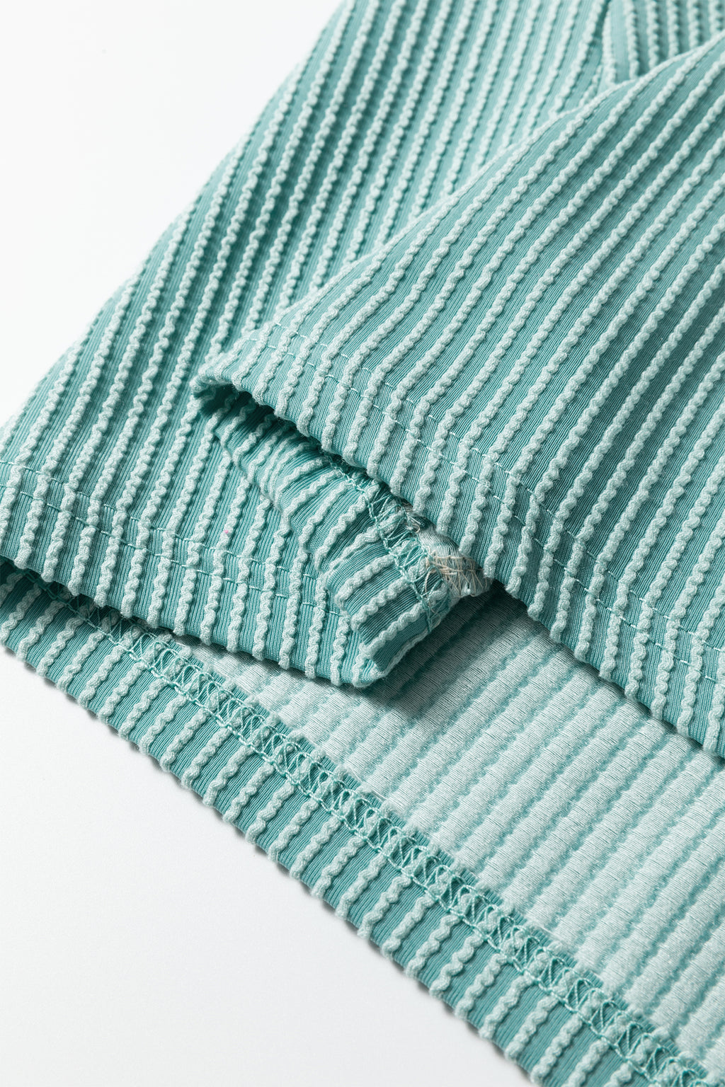 Light Blue Plus Size Contrast Frilled Neckline Ruffled Short Sleeve Ribbed Textured Blouse
