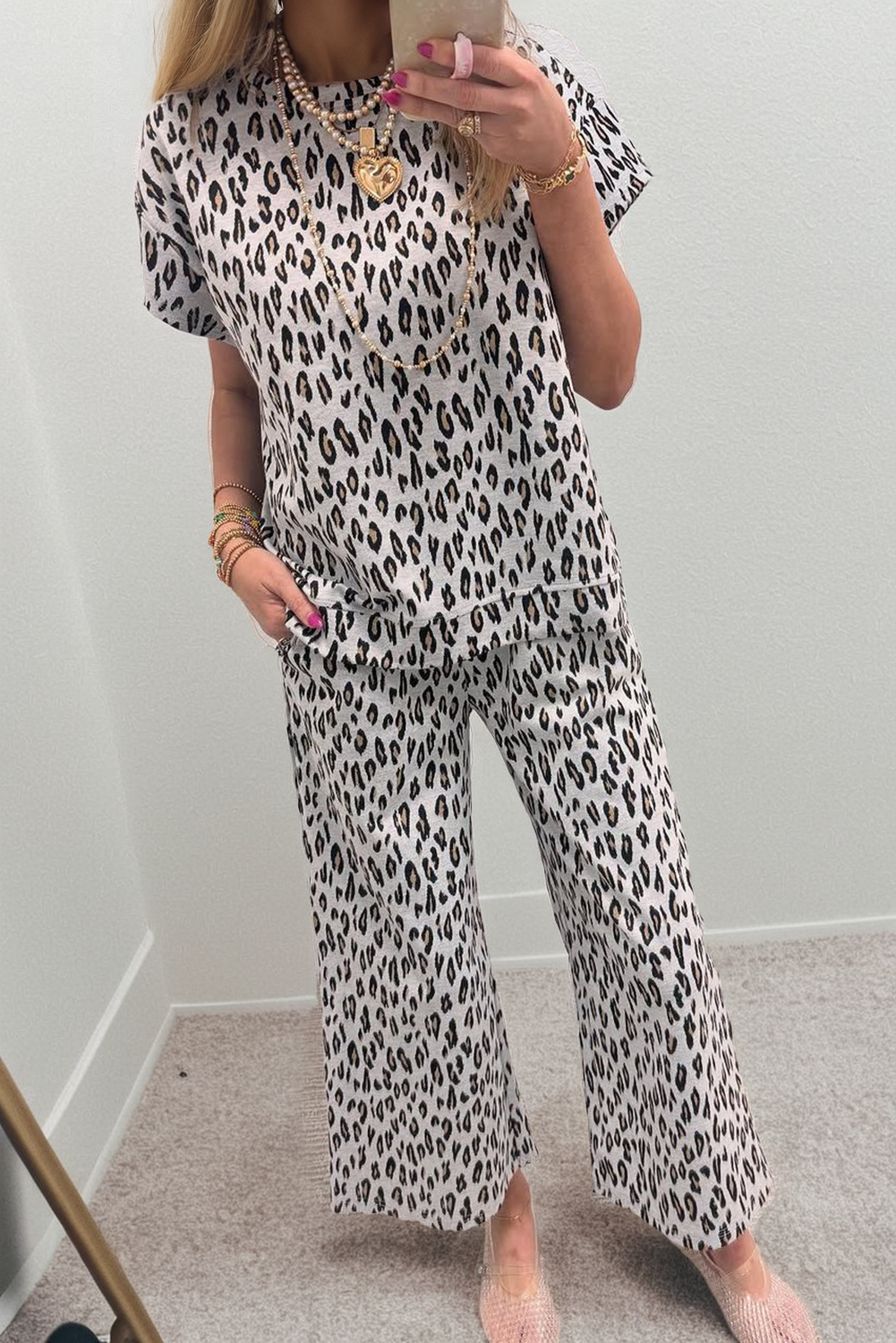 Beige Leopard Print Casual Tee and Pants 2pcs Outfit