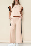 White Color Block Detail Casual Two-piece Set
