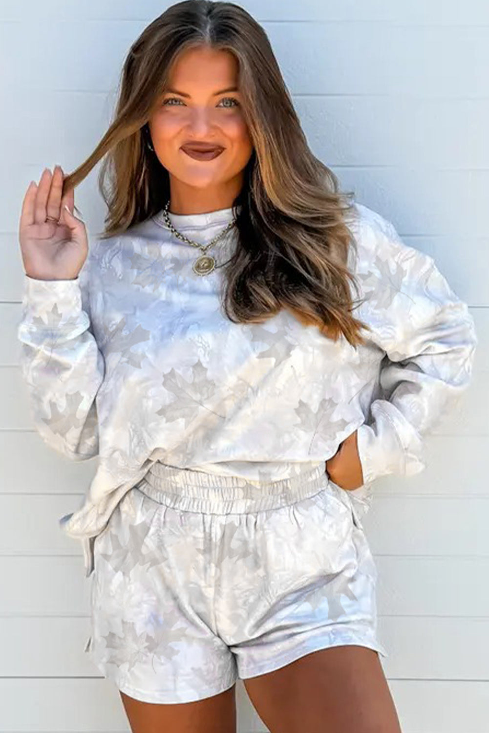 Beige Maple Camo Print Pullover Top and Elastic Waist Casual Short Set