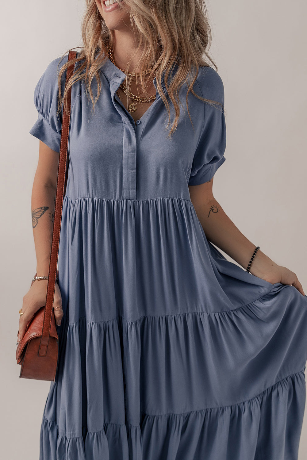Ashleigh Blue Hidden Buttons Short Sleeve Ruffle Tiered Long Flared Dress