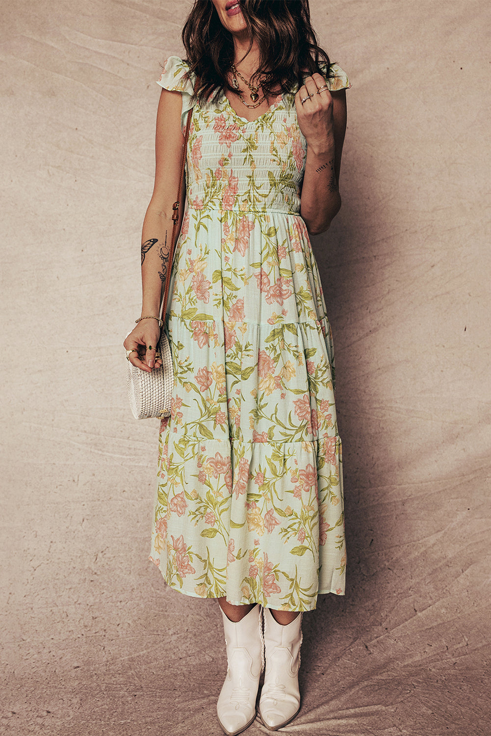 Yellow Smocked Bodice Ruffled Sleeveless Tiered Floral Maxi Dress