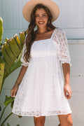 White Floral Lace Puff Sleeve Empire Waist Mini Dress
