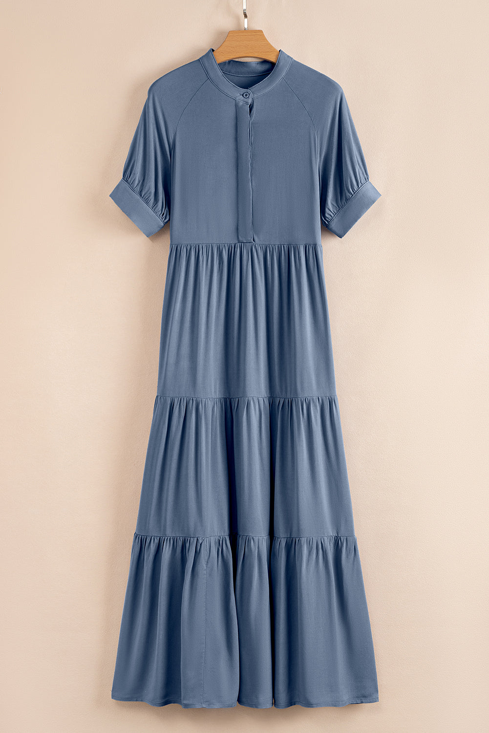 Ashleigh Blue Hidden Buttons Short Sleeve Ruffle Tiered Long Flared Dress