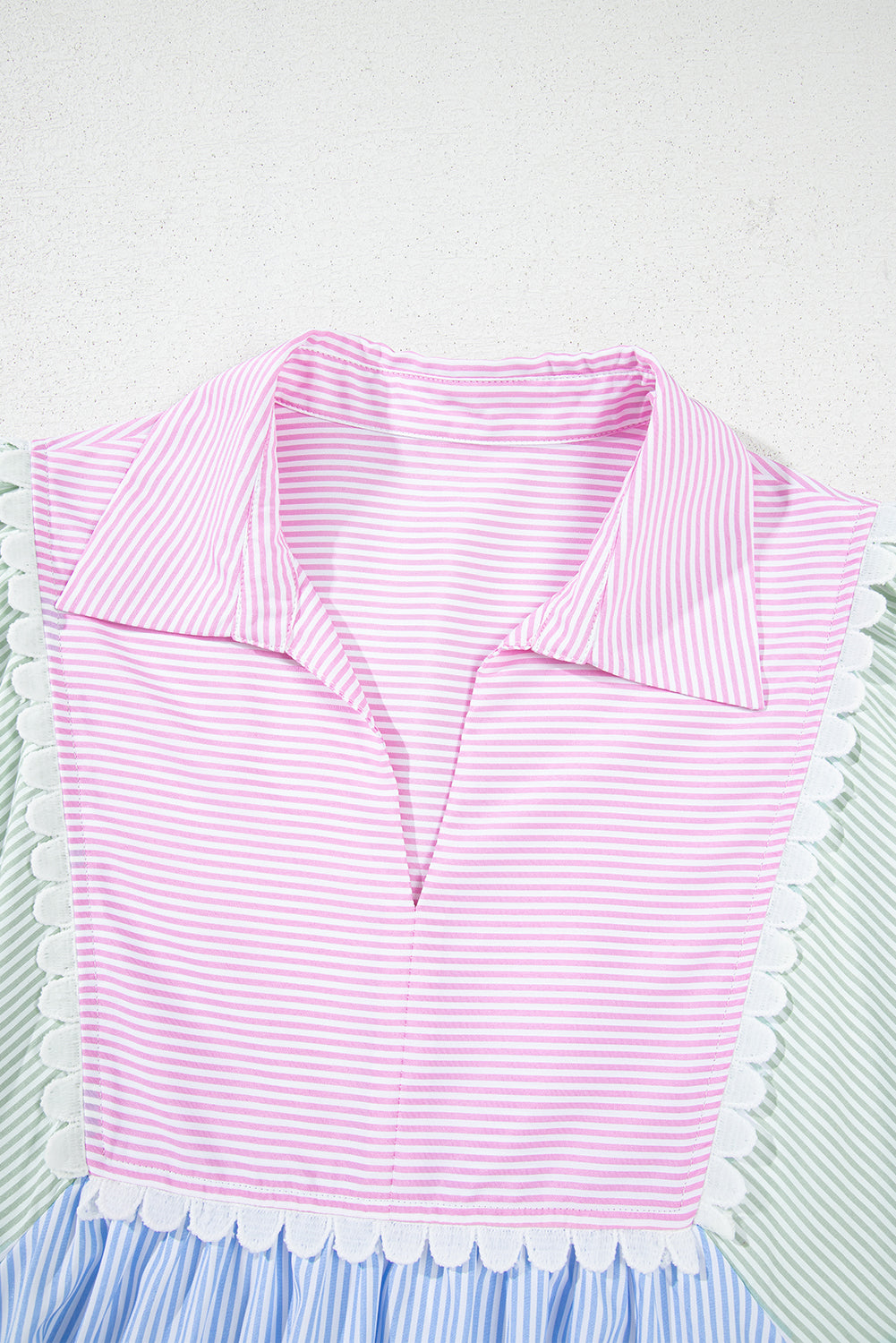 Multicolour Striped Patchwork Ric Rac Puff Sleeve Collared Mini Dress