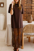 Red Sandalwood Floral Patchwork Short Sleeve T Shirt Loose Maxi Dress