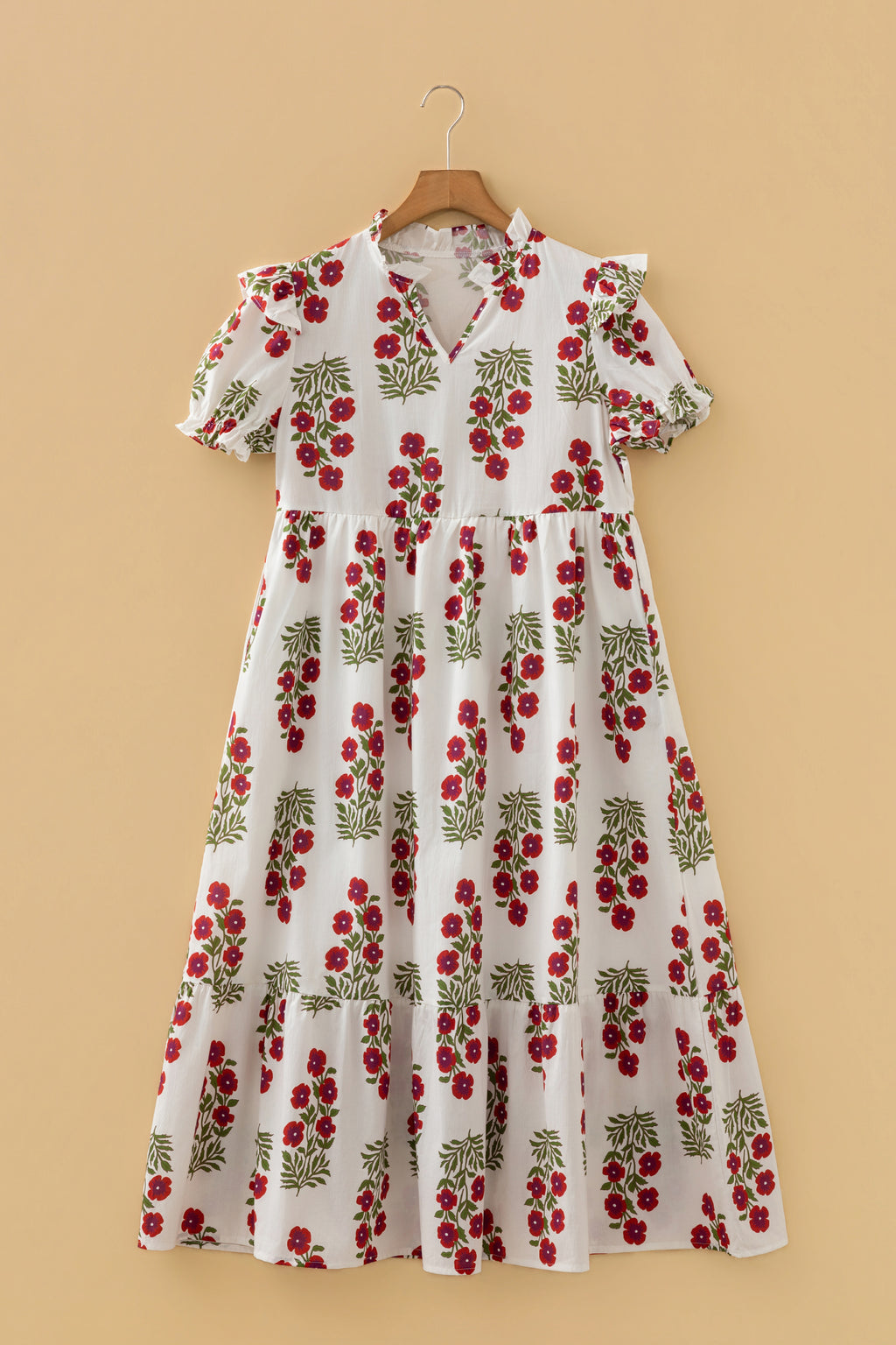 Beige Floral Short Bubble Sleeve Tiered Maxi Dress