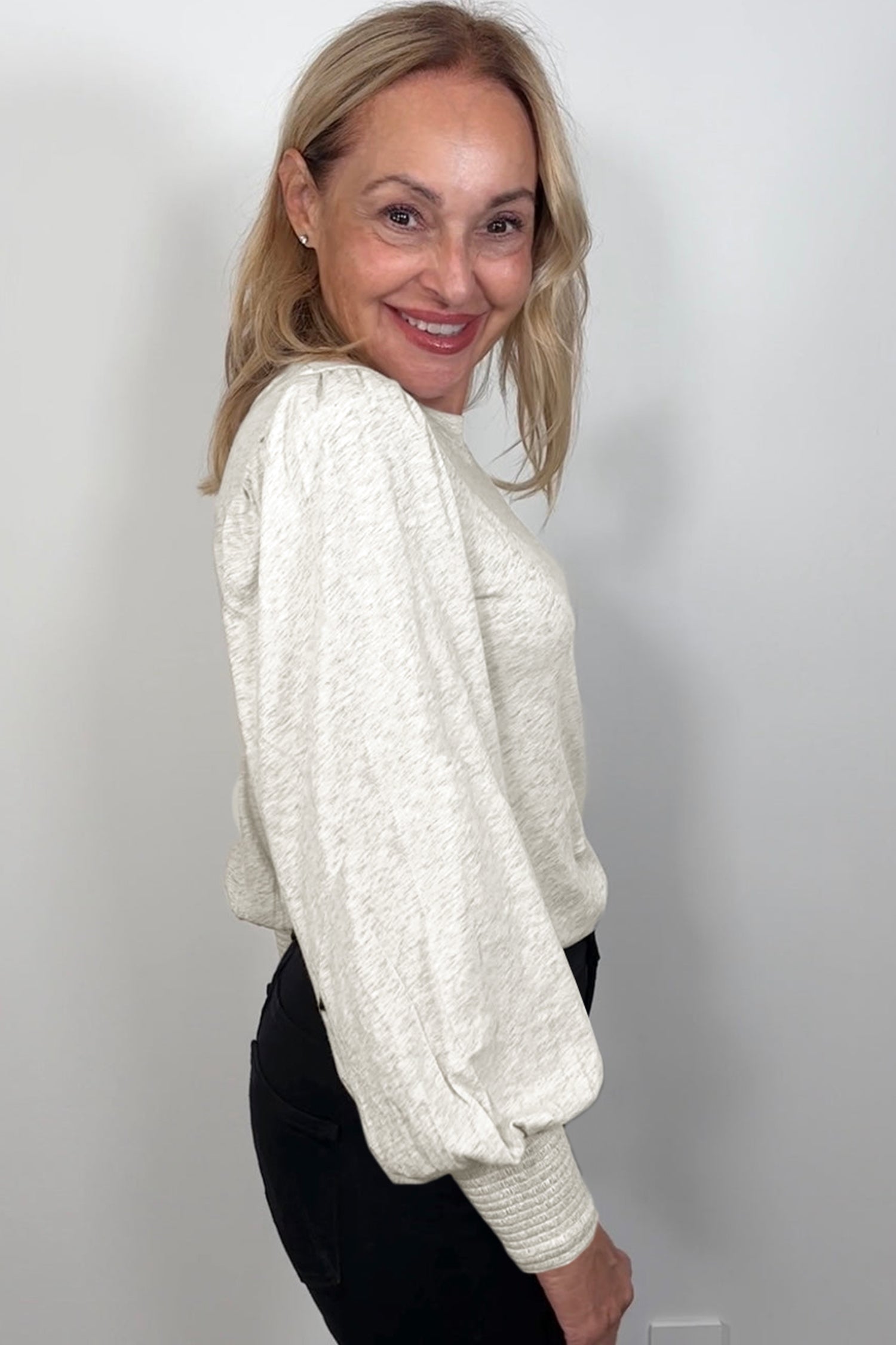 Oatmeal Shirred Cuffs Puff Sleeve Peasant Top