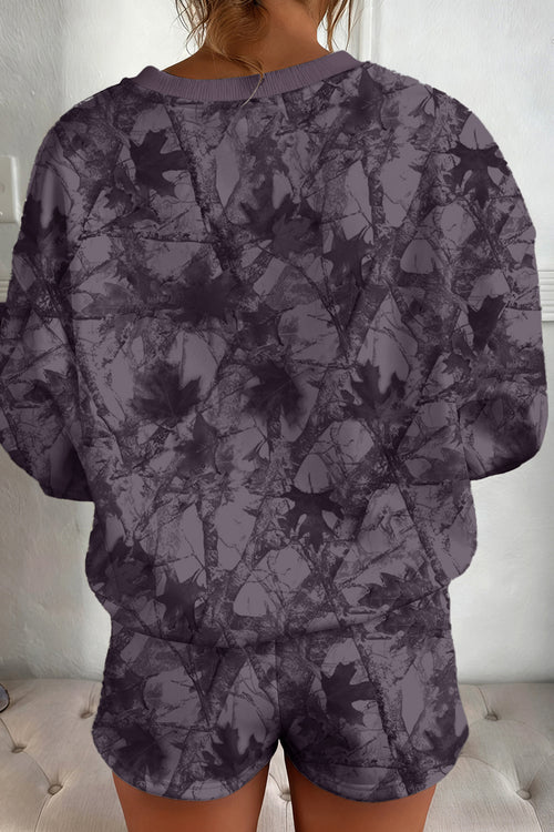 Brown Abstract Woodland Camo Print Baggy Pullover Drawstring Shorts Set