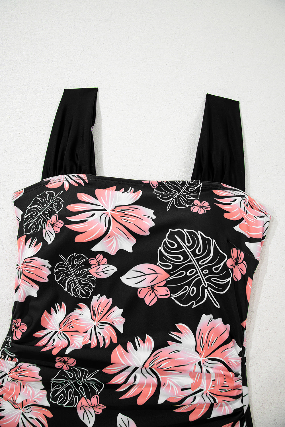 Black Floral Print Square Neck Ruched Tummy Control One Piece Swimsuit