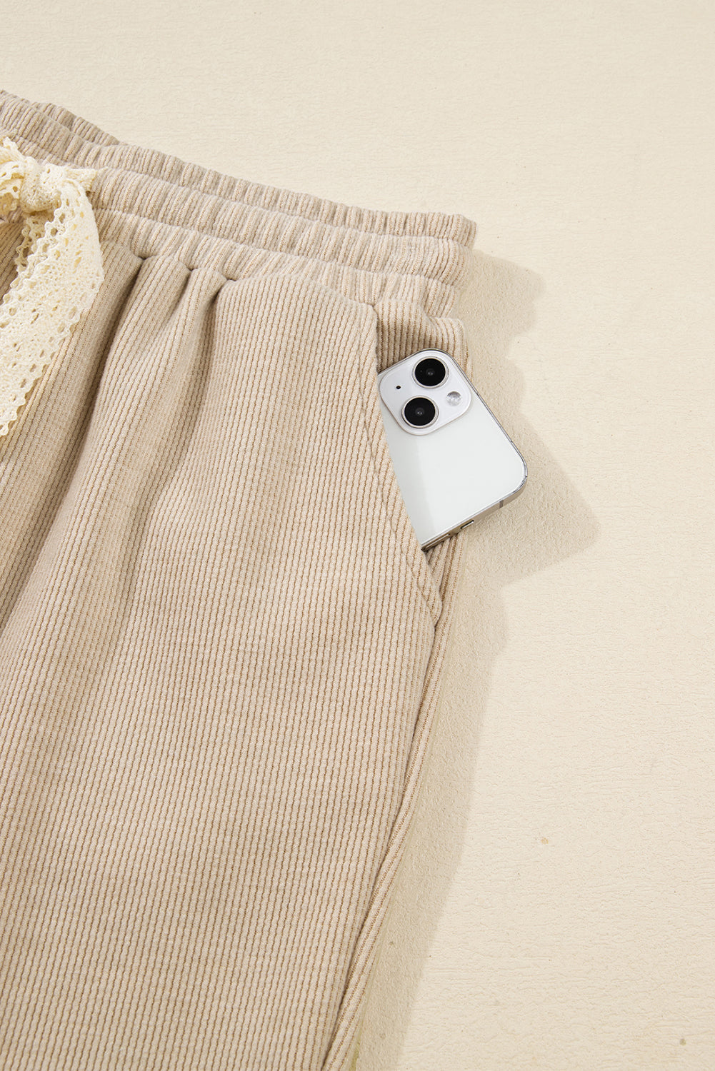 Jet Stream Lace Drawstring Pullover Hoodie and High Waist Pants Corduroy Suit