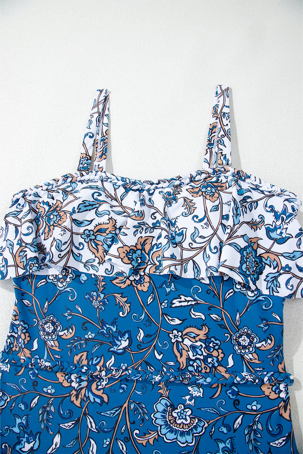 Sky Blue Floral Printed Ruffle Removable Strap One Piece Swimsuit