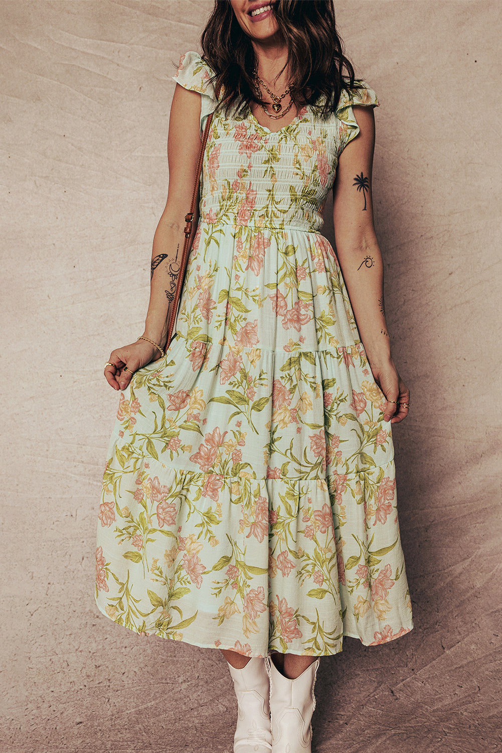 Yellow Smocked Bodice Ruffled Sleeveless Tiered Floral Maxi Dress