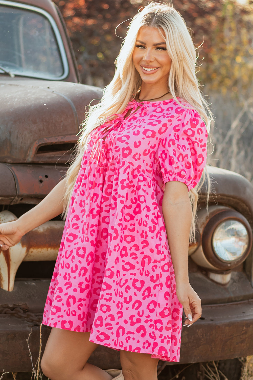 Rose Leopard Puff Sleeve Tie Front High Waist Mini Dress