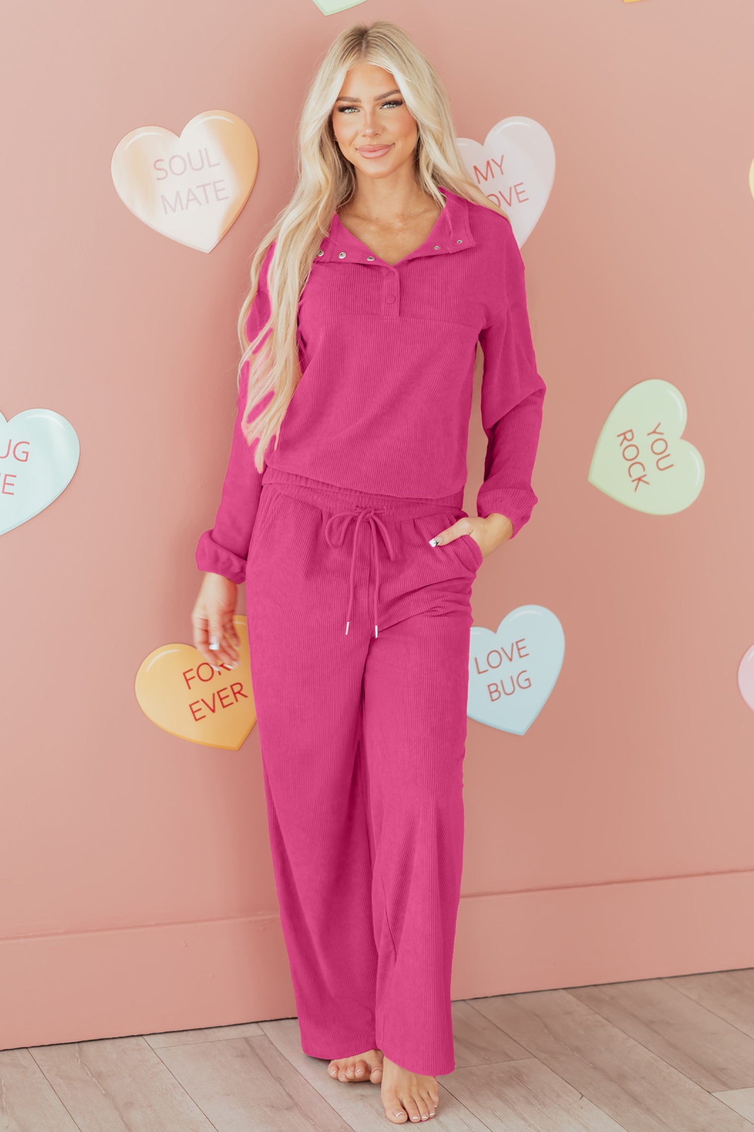 Peach Blossom Half Button Pullover Drawstring Pants Solid Color Corduroy 2pcs Outfit