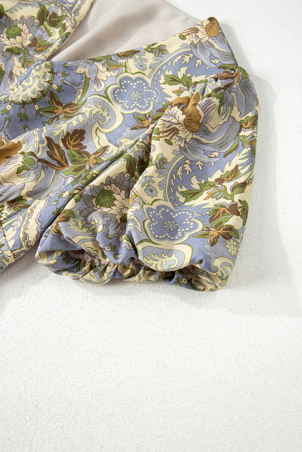 Multicolour Vintage Floral V Neck Short Puff Sleeve Long Dress