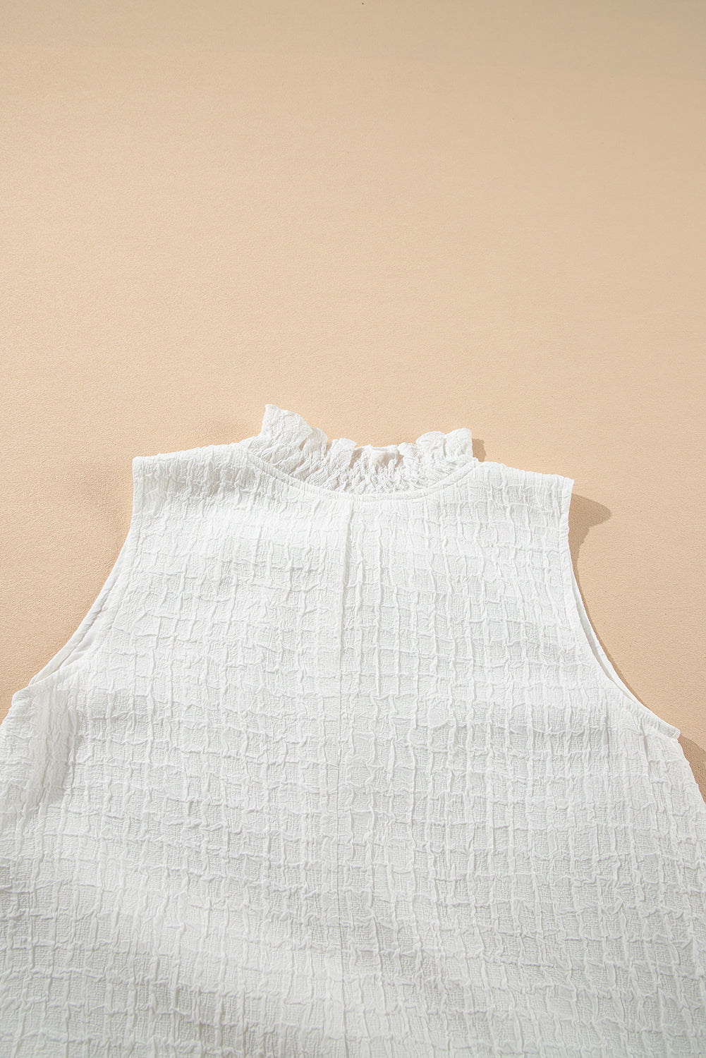 White Textured Frilled High Neck Sleeveless Ruffled Mini Dress
