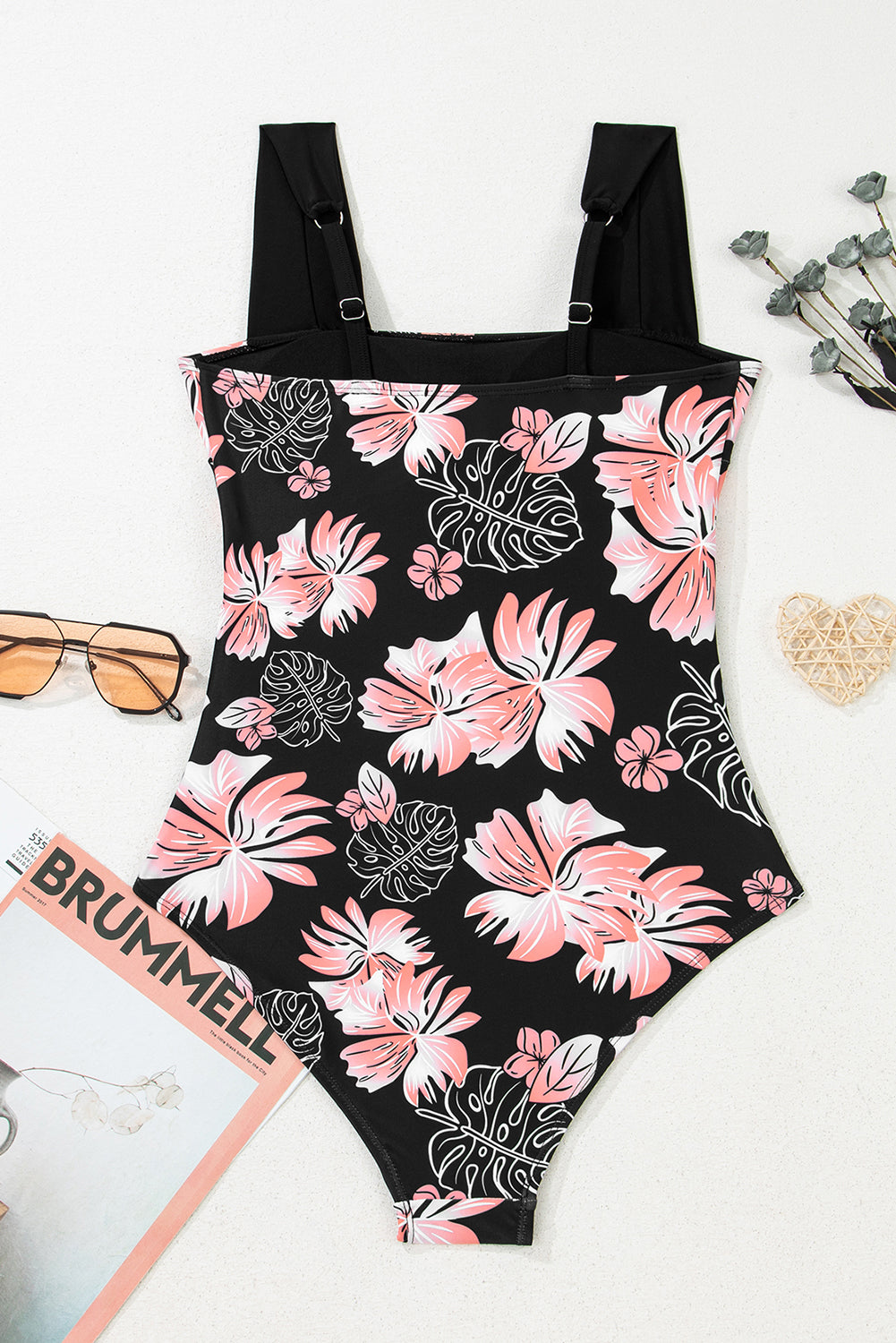 Black Floral Print Square Neck Ruched Tummy Control One Piece Swimsuit