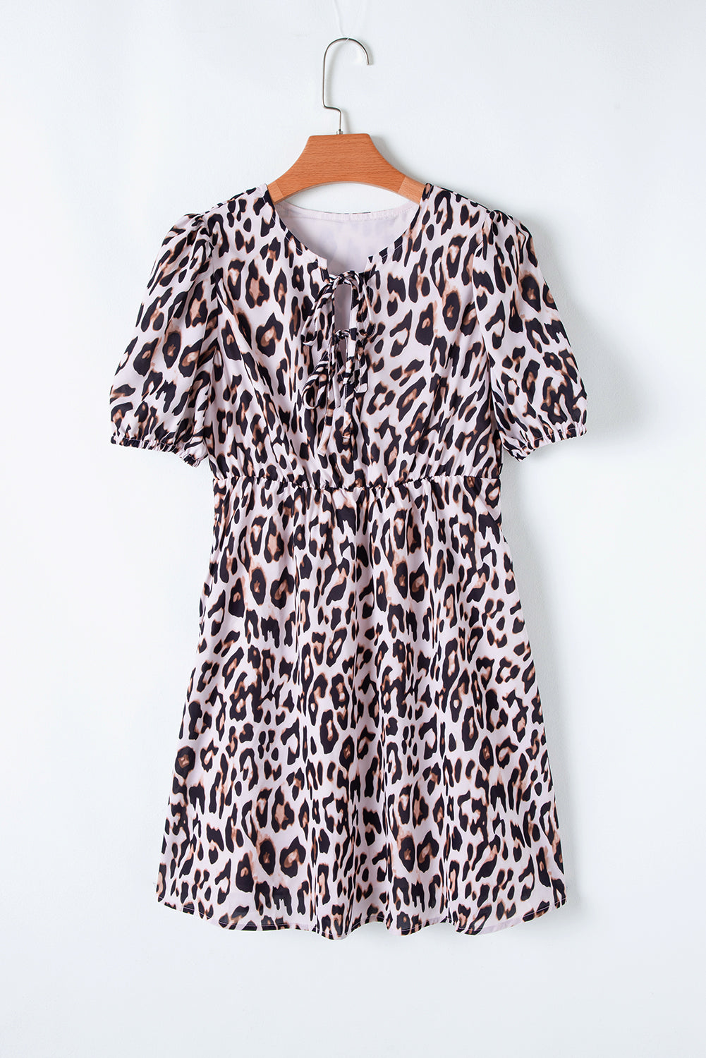 Brown Leopard Tied Front Keyhole Puff Short Sleeve Mini Dress