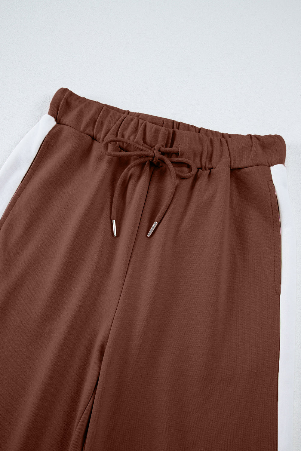 Chestnut Varsity Stripe Patchwork Puff Sleeve Pullover Drawstring Wide Leg Pant Set