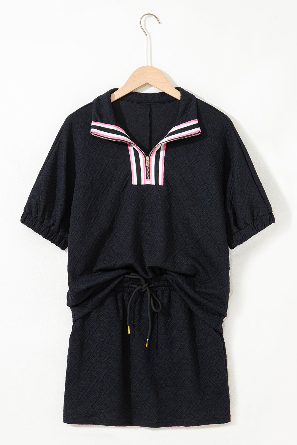 Color black Striped Collared Zip up Textured Skirt Set