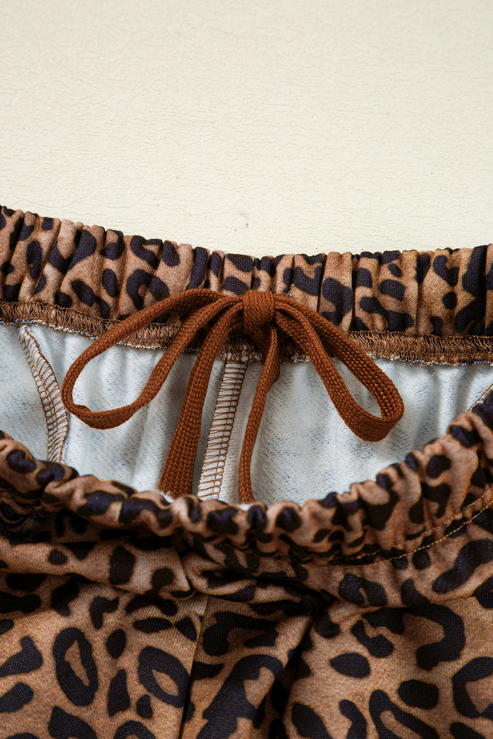 Coffee Leopard Print Contrast Trim Long Sleeve Top and Pants Set