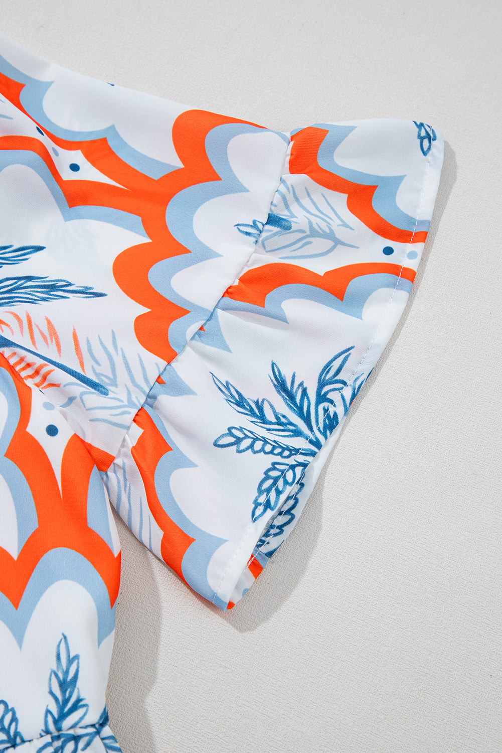 Orange Contrast Palm Tree Printed Short Sleeve Flowy Dress