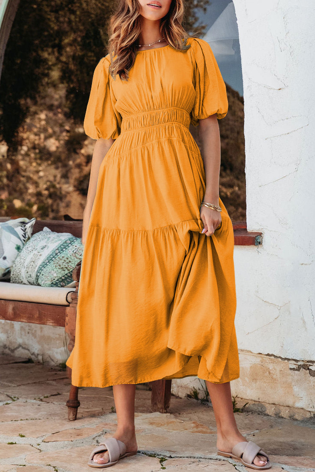 Grapefruit Orange Puff Sleeve Pleated High Waist Flowy Midi Dress
