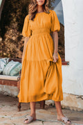 Grapefruit Orange Puff Sleeve Pleated High Waist Flowy Midi Dress