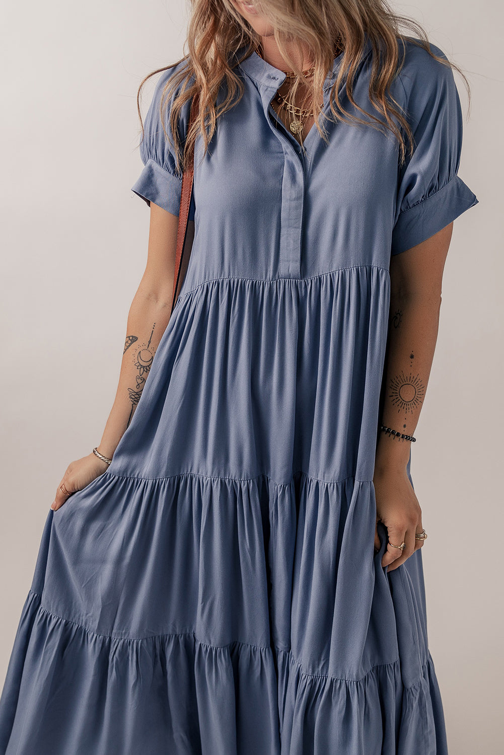 Ashleigh Blue Hidden Buttons Short Sleeve Ruffle Tiered Long Flared Dress