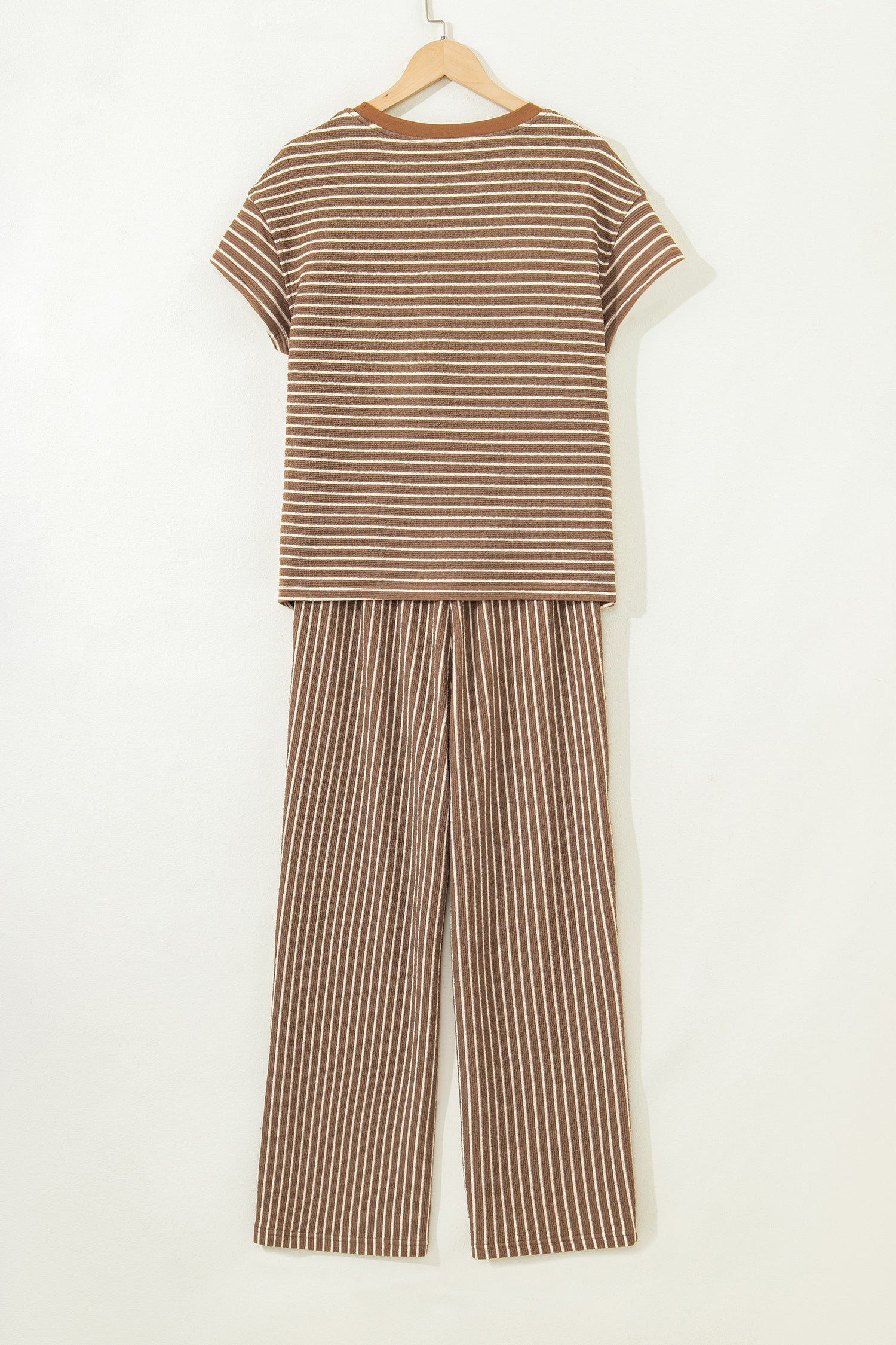 Khaki Stripe Crew Neck Tee Drawstring Waist Cropped Pants Set