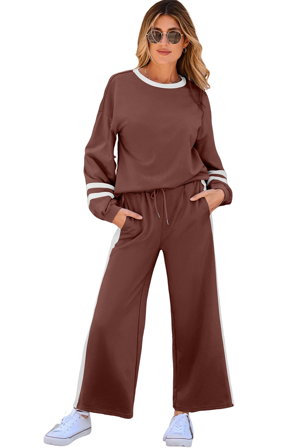 Chestnut Varsity Stripe Patchwork Puff Sleeve Pullover Drawstring Wide Leg Pant Set