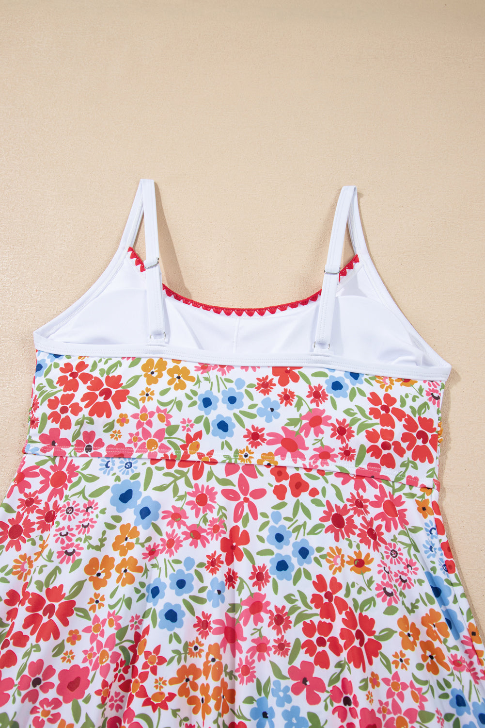 Red Floral Print Ricrac Trim Spaghetti Strap One Piece Swim Dress