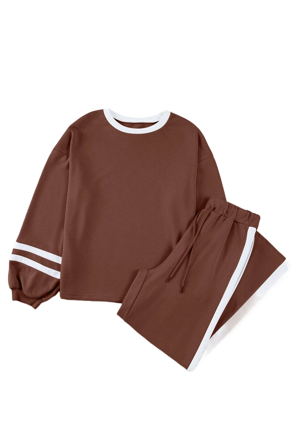 Chestnut Varsity Stripe Patchwork Puff Sleeve Pullover Drawstring Wide Leg Pant Set