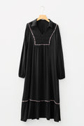 Black Collared V Neck Smocked Detail Contrast Leopard Trim Bracelet Sleeve Long Dress
