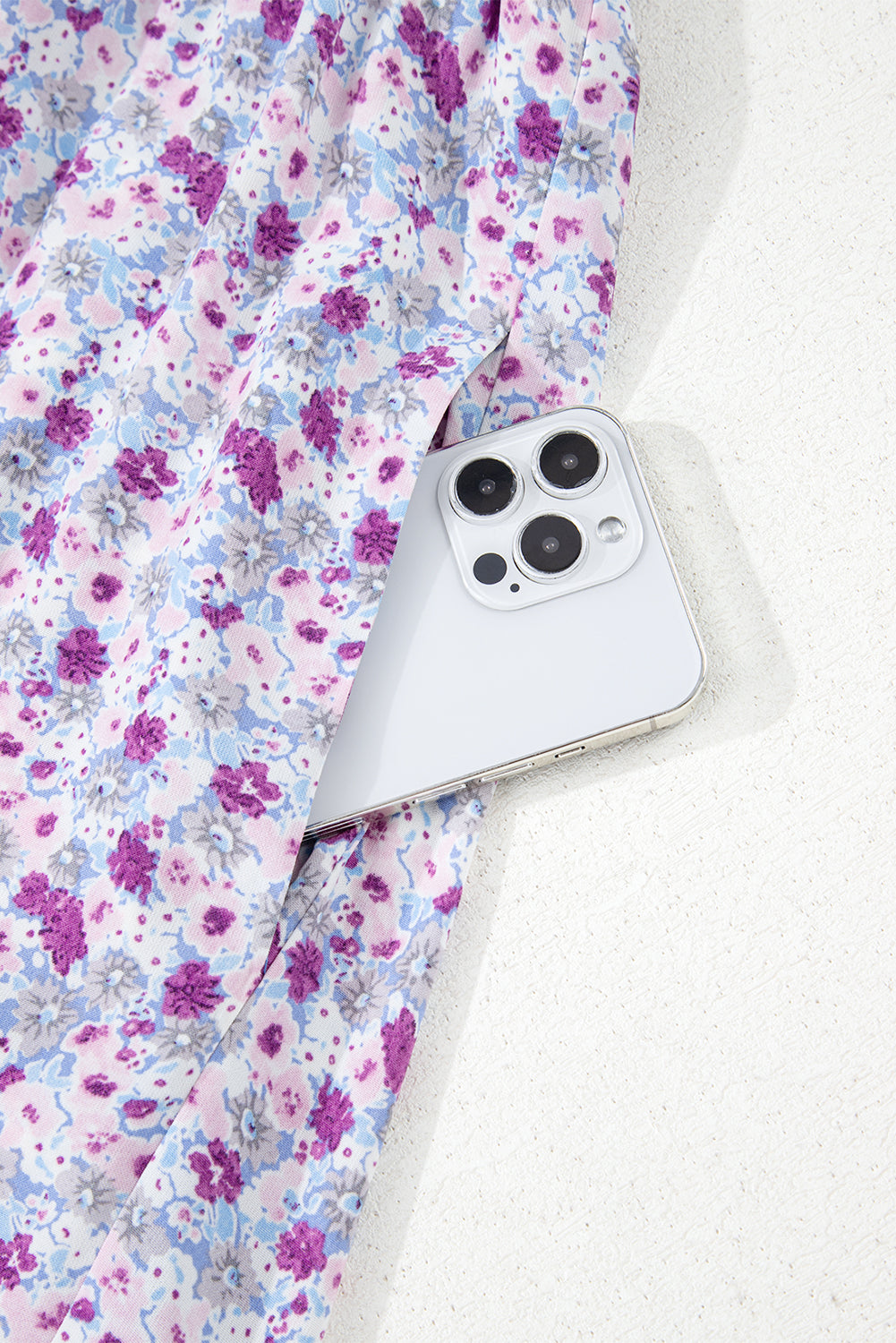 Purple Floral Short Bubble Sleeve Shirred High Waist Maxi Dress