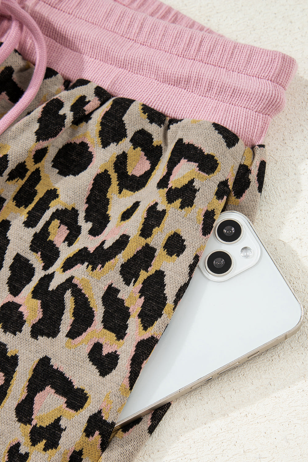 Pink Leopard Print Contrast Edge Long Sleeve Pullover Shorts Set